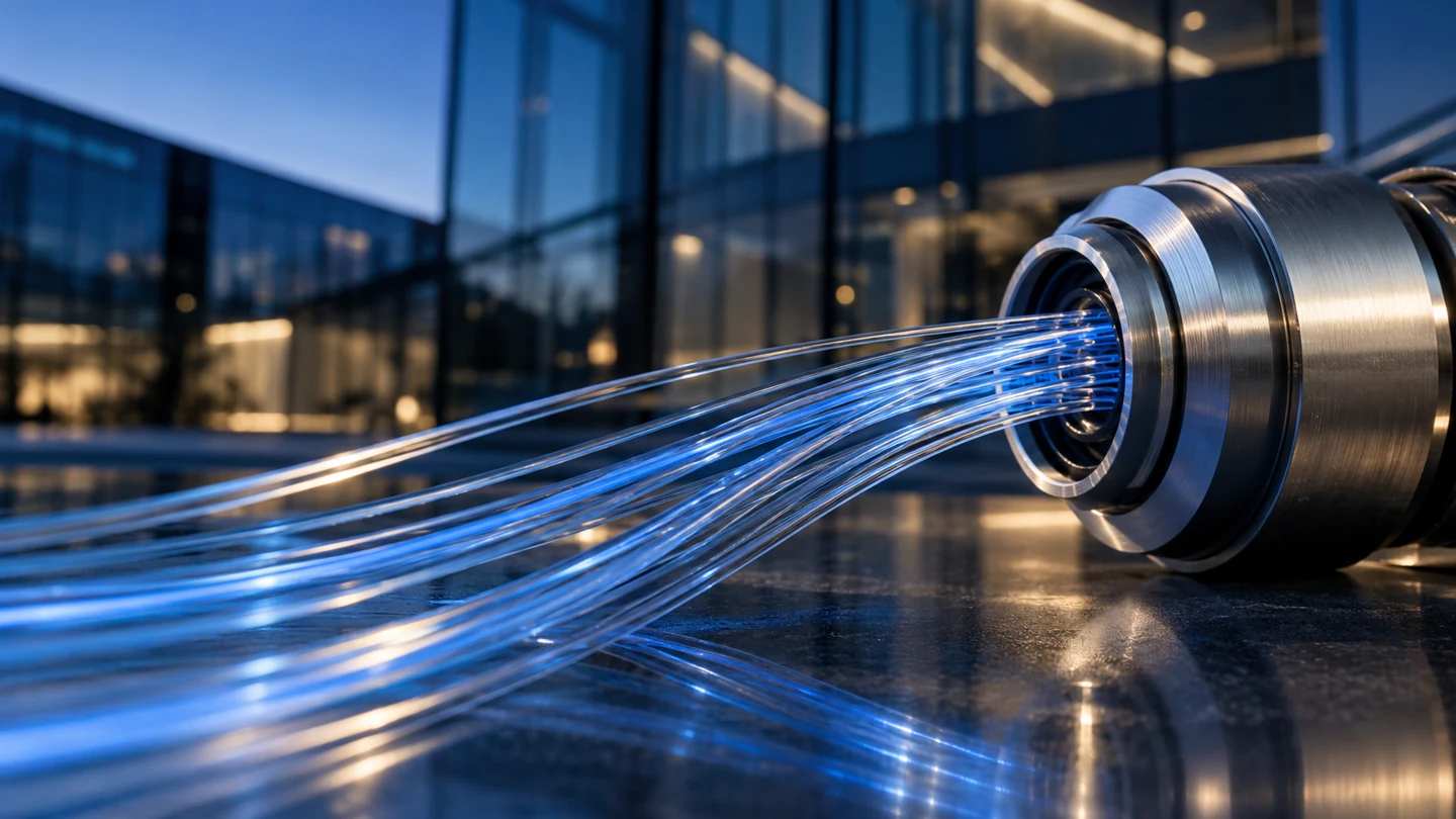 Composizione fotografica di fibre ottiche e connessioni di precisione, tra vetro e architettura contemporanea