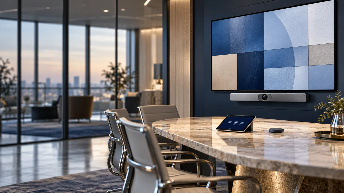 Sala per comunicazioni aziendali con sistema di videoconferenza, controller e microfono da tavolo