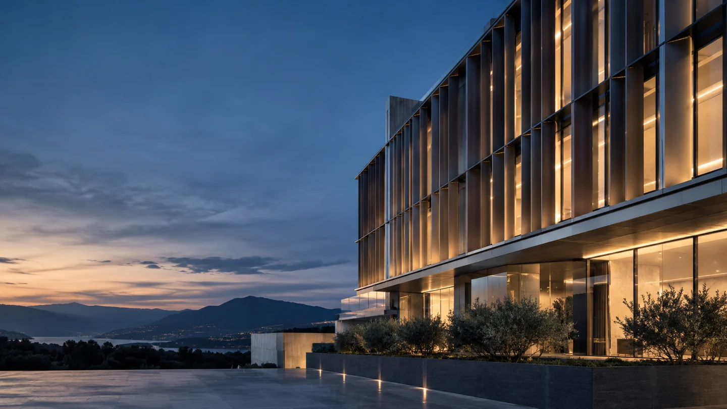 Architettura aziendale con schermature per l’efficienza energetica