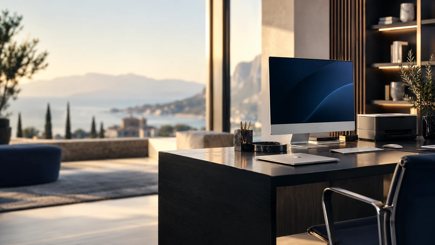 Postazione aziendale con computer, notebook e stampante